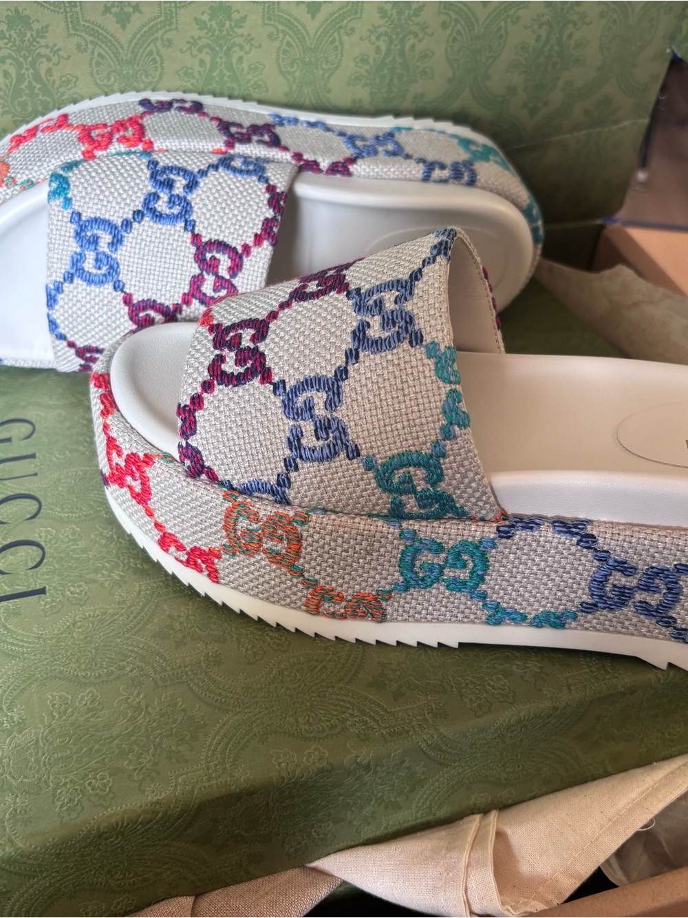 Gucci Beige Canvas Slide Sandals with Multicolor GG Embroidery